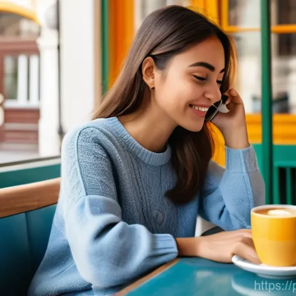 포르투갈어 무료 강의 사이트 - A young adult, casually dressed in a stylish sweater and jeans, sits comfortably at a sunlit café ta...