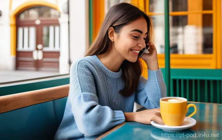 포르투갈어 무료 강의 사이트 - A young adult, casually dressed in a stylish sweater and jeans, sits comfortably at a sunlit café ta...