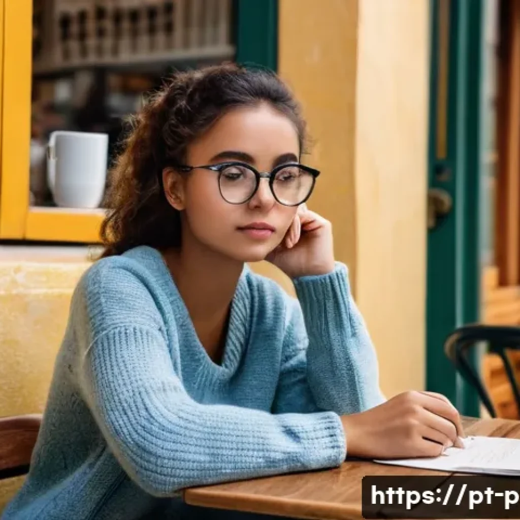 포르투갈어 계약서 용어 - **Prompt:** "A young woman in her early 20s, sitting at a café table in Lisbon, Portugal. She's wear...