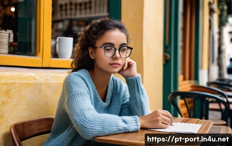 포르투갈어 계약서 용어 - **Prompt:** "A young woman in her early 20s, sitting at a café table in Lisbon, Portugal. She's wear...