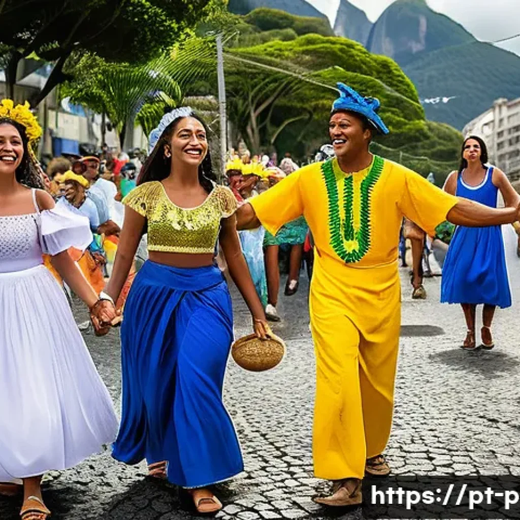 포르투갈어 사용 국가 - A vibrant street scene in Rio de Janeiro showcasing diverse Brazilian regional accents and cultures:...