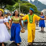 포르투갈어 사용 국가 - A vibrant street scene in Rio de Janeiro showcasing diverse Brazilian regional accents and cultures:...