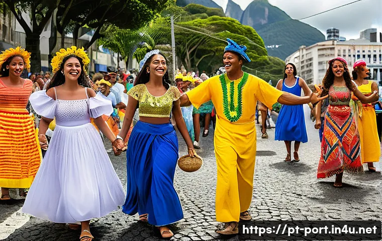 포르투갈어 사용 국가 - A vibrant street scene in Rio de Janeiro showcasing diverse Brazilian regional accents and cultures:...