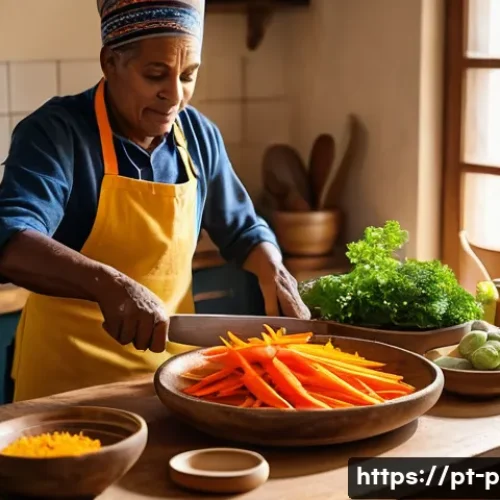 포르투갈어 요리 및 음식 관련 용어 - A vibrant kitchen scene showcasing a Brazilian home cook preparing traditional regional ingredients:...