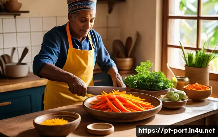 포르투갈어 요리 및 음식 관련 용어 - A vibrant kitchen scene showcasing a Brazilian home cook preparing traditional regional ingredients:...