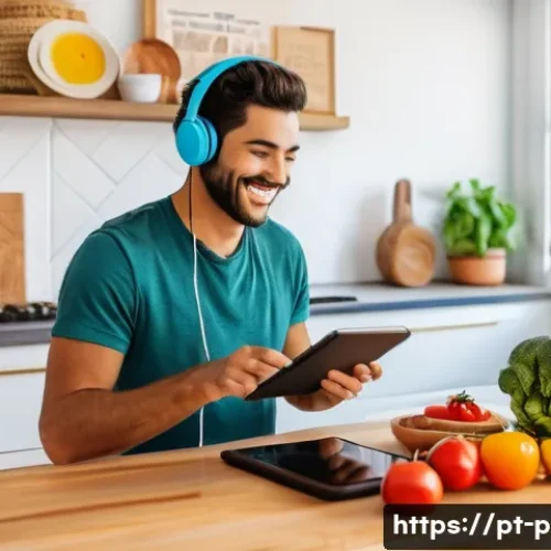 포르투갈어 빠르게 배우는 법 - A cozy modern kitchen scene with a young adult casually cooking while wearing casual clothes and hea...