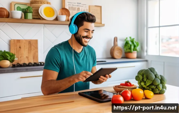 포르투갈어 빠르게 배우는 법 - A cozy modern kitchen scene with a young adult casually cooking while wearing casual clothes and hea...