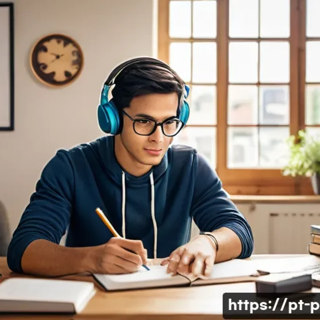 포르투갈어 테스트 및 자격증 - A focused young adult student sitting at a modern desk in a cozy home office, surrounded by language...