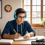포르투갈어 테스트 및 자격증 - A focused young adult student sitting at a modern desk in a cozy home office, surrounded by language...