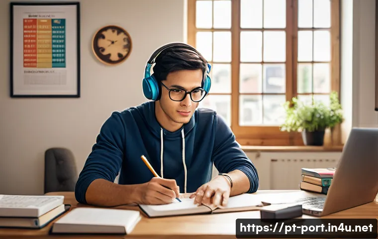 포르투갈어 테스트 및 자격증 - A focused young adult student sitting at a modern desk in a cozy home office, surrounded by language...