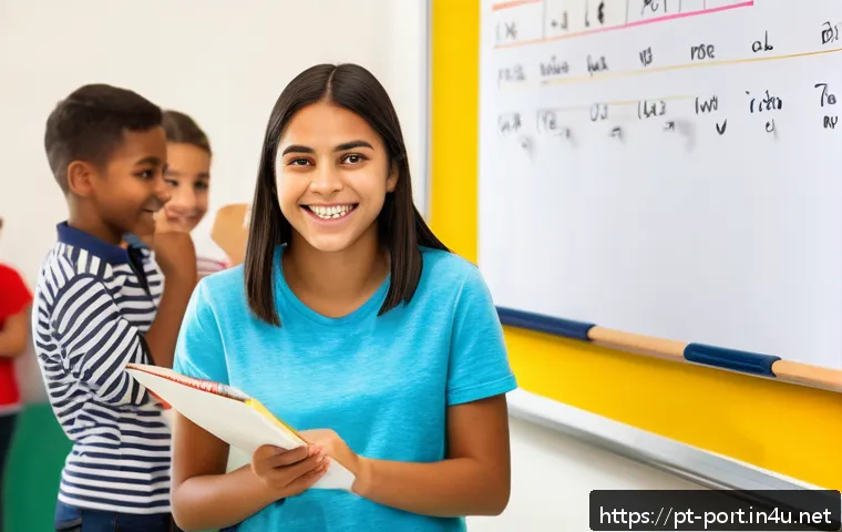 포르투갈어 문법 쉽게 배우기 - A cheerful Brazilian classroom scene showing diverse students attentively learning Portuguese gramma...