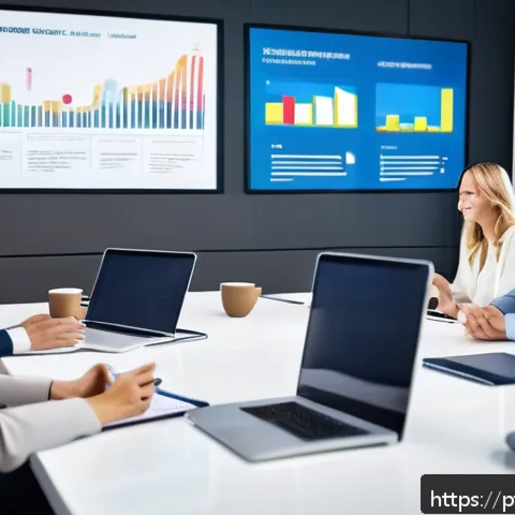 포르투갈어 비즈니스 표현 - A modern corporate meeting scene in a bright, spacious office with a diverse team of professionals a...