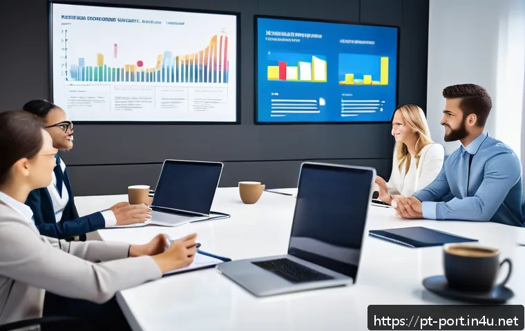 포르투갈어 비즈니스 표현 - A modern corporate meeting scene in a bright, spacious office with a diverse team of professionals a...