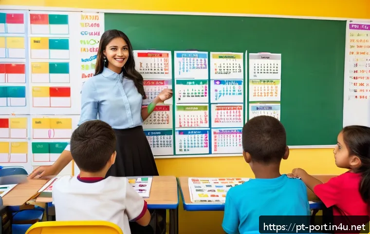 포르투갈어 날짜 표현 - A vibrant classroom scene in Brazil featuring a diverse group of young Portuguese learners sitting a...