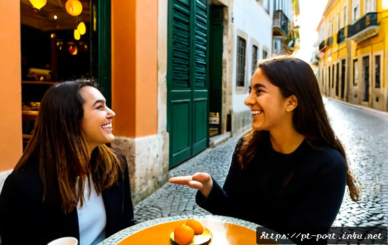 포르투갈어와 언어 유희 - Photorealistic scene of two Portuguese friends enjoying a playful charades-style language game at a ...