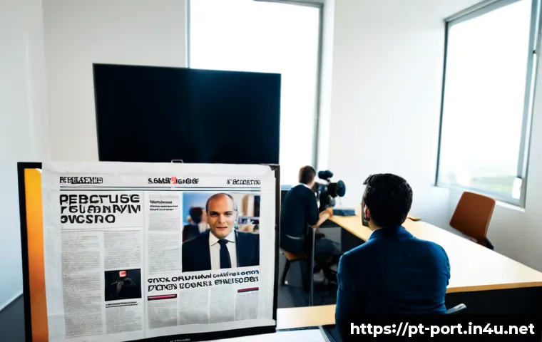 포르투갈어 언론 및 미디어 용어 - Photorealistic Portuguese-language newsroom concept, diverse adult journalists in a bright modern Li...